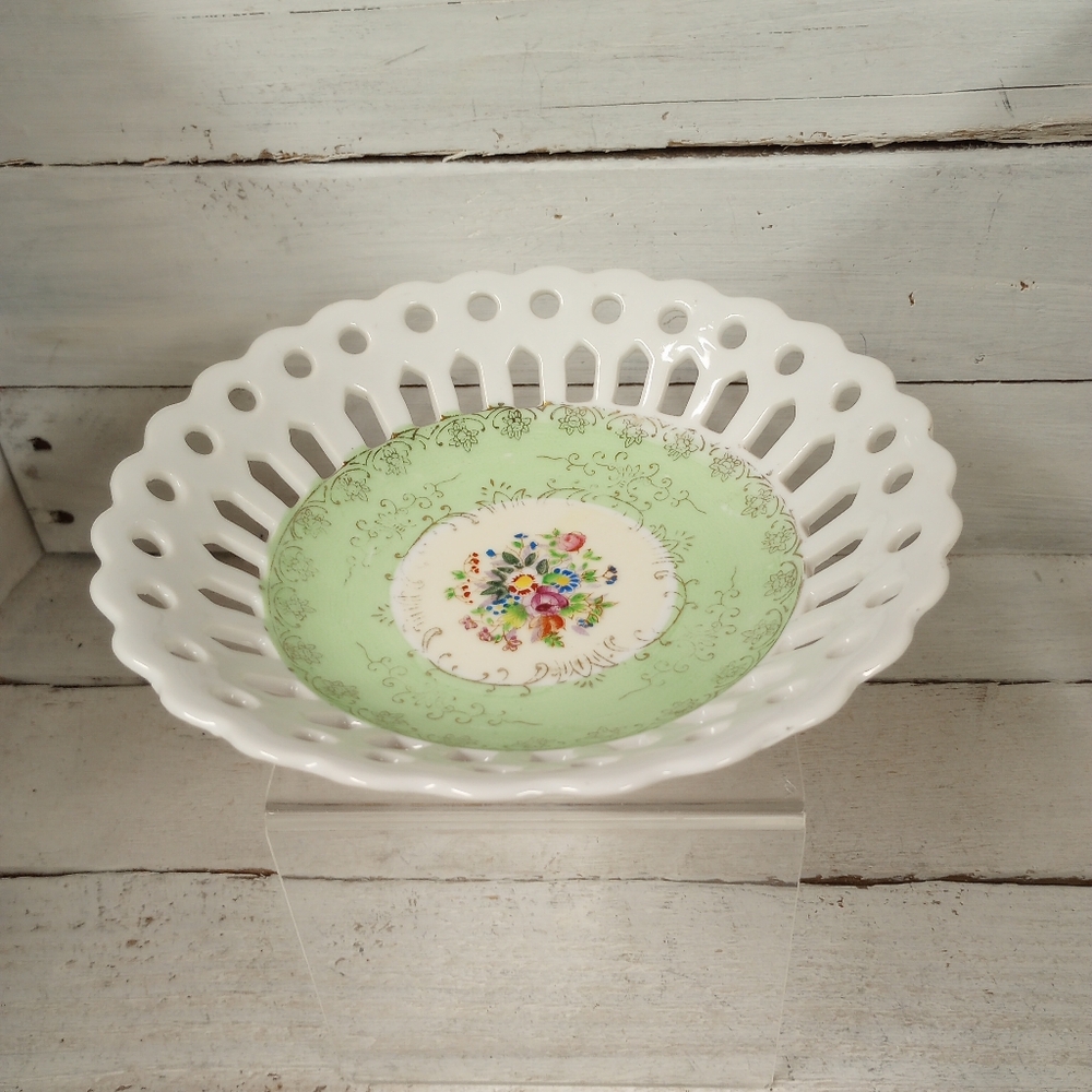 Vintage Porcelain Reticulated Trinket Keys Bowl Dish Hand Floral Cottagecore